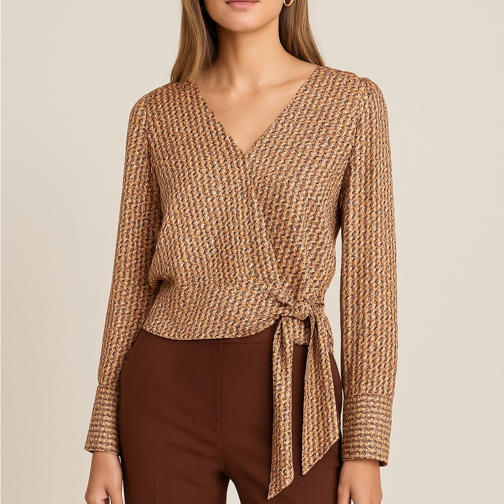 OLM Geometric Wrap Blouse Tie Front Long Sleeve Retro‎ Print Top
